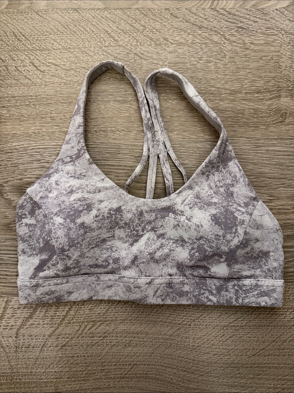 lululemon athletica Marble-Print Strappy Sports Bra in Light Gray and White